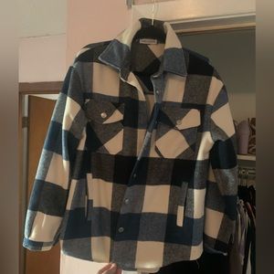 Navy blue and white flannel shacket with pockets